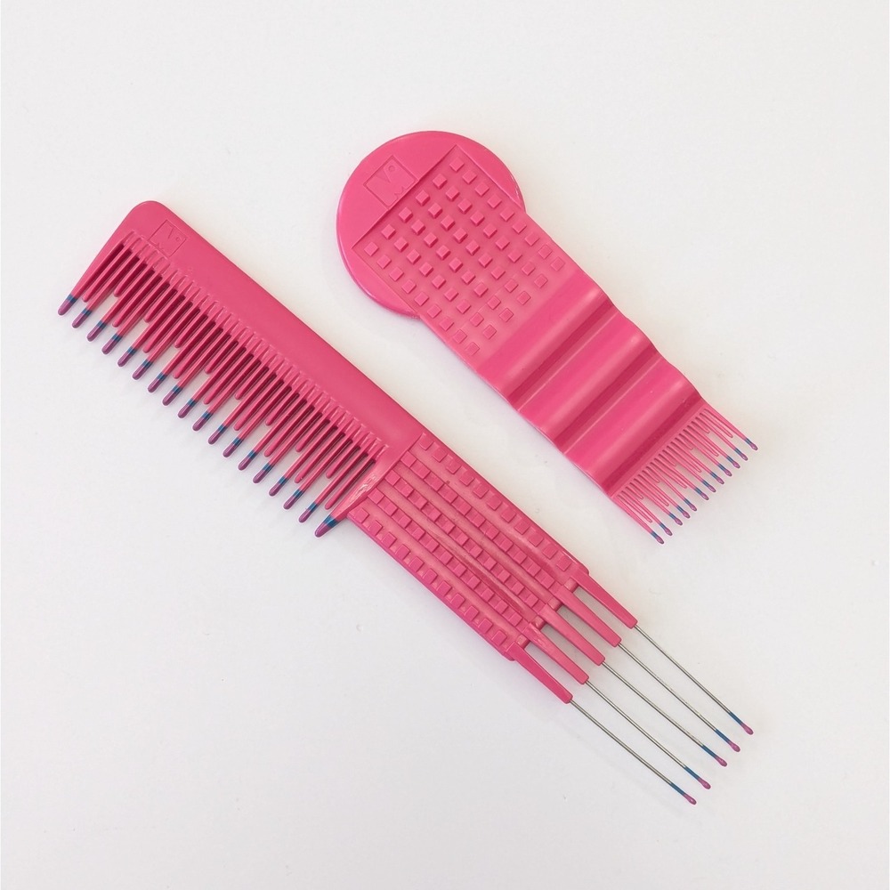 Mebco Set Of 2 Pink Plastic Comb Hair Pick Color Dip Tip Flipside & Micro Vtg